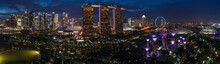 Aerial Night Panorama Of Singapore Marina Bay