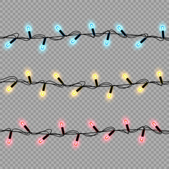 Aufkleber - Garlands, Christmas decorations multicolored lights effects, isolated vector design elements. Glowing lights for Xmas Holiday greeting card design. Christmas decoration realistic luminous garland