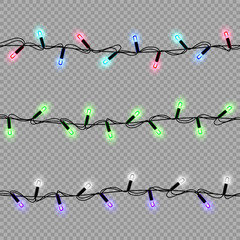 Aufkleber - Garlands, Christmas decorations multicolored lights effects, isolated vector design elements. Glowing lights for Xmas Holiday greeting card design. Christmas decoration realistic luminous garland