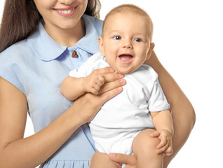 Poster - Happy young woman with cute baby on white background