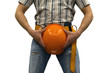 Builder construction worker in mounting belt covering his genitals with helmet isolated on white background. Construction. Repair concept. Safety sex funny concept.