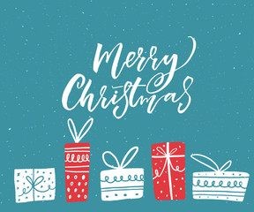 Wall Mural - Merry Christmas greeting card design with hand drawn illustrations of gift boxes. White text on blue background