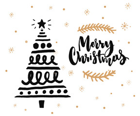 Wall Mural - Christmas card design with brush calligraphy and hand sketched decorated Christmas tree. Black ink on white background and golden snowflakes.