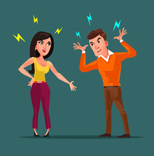 Angry Man And Woman Characters Quarreling. Vector Flat Cartoon Illustration