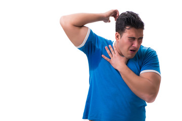 Man sweating excessively smelling bad isolated on white backgrou