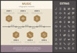 Music infographic timeline template, elements and icons. Infograph includes step number options, line icon set with musical instruments, music notes, microphone, smartphone with mobile application etc