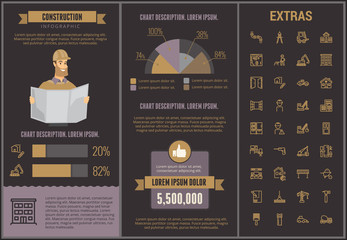 Poster - Construction infographic template, elements and icons. Infograph includes customizable graphs, charts, line icon set with construction worker, builder tools, repair person, house building etc.