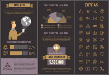 Poster - Social media infographic template, elements and icons. Infograph includes customizable graphs, charts, line icon set with social media, global network, electronic mail, internet technology etc.