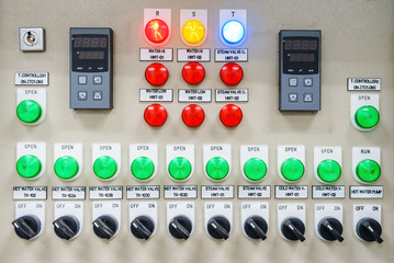 Technical display on control panel with electrical equipment devices cabinet, light