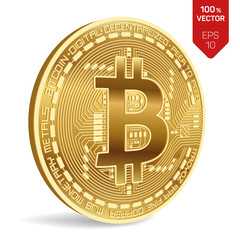 Wall Mural - Bitcoin. 3D isometric Physical bit coin. Digital currency. Cryptocurrency. Golden coin with bitcoin symbol isolated on white background. Stock vector illustration.