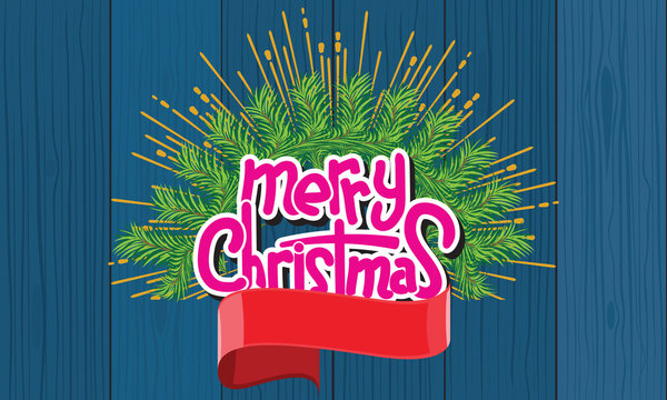 Merry Christmas text with hand lettering with starburst over wooden background. Illustrated vector.
