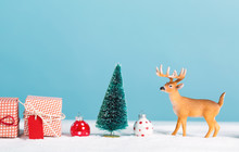 Christmas Holiday Theme With Reindeer And Christmas Trees