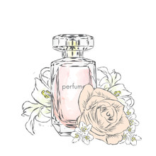 Perfume Bottle And Flowers. Vector . Print On A Postcard, Poster Or Clothing.