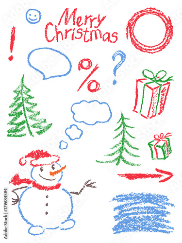 Crayon Christmas New Year Symbols Like Child S Drawing Funny Doodle Design Element Cartoon Sketch Style Vector Set Pencil Or Chalk Like Kids Hand Drawn Snowman Tree Gift Box Frame Speech Bubble
