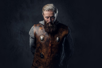 A man Viking dressed in Nordic armor.