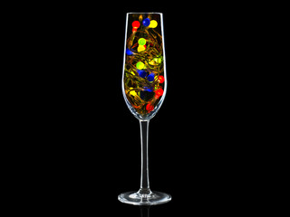 a glass of champagne on a black background. 