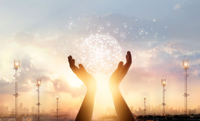 Poster - Abstract science. Businessman touching circle global network connection and data exchanges worldwide on city sunset background. Networking and technology concept