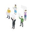 © petrborn - People with placard and banners on demonstration. Unhappy men and women isolated on white background. Isometric view. Vector illustration