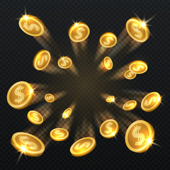 Poster - Golden dollar coins explosion isolated. Vector illustration for finance and gambling concept