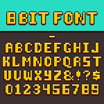 Pixel video game fun alphabet and numbers. 8-bit pixel oldschool gaming vector font