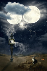Wall Mural - cat in mist desert gazing up at two moons