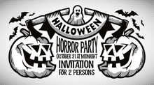 Halloween Retro Black-and-white Invitation, Card With Pumpkins, Axes, Ribbon And Inscriptions. Halftone Vector Illustration.