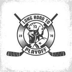 Wall Mural - Hockey  playoff retro emblem with bearded player, crossed sticks and heraldic circular ribbon. Worn texture on  separate layer and can be easily disabled.