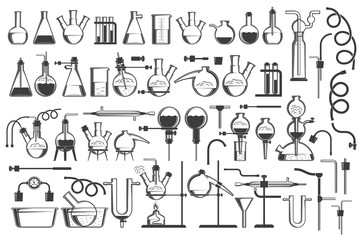 Chemical science design elements great set - equiment, flasks, retorts, containers, racks, hoses and so on.