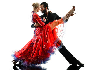 one caucasian man and woman couple ballroom tango salsa dancer dancing in studio silhouette isolated on white background