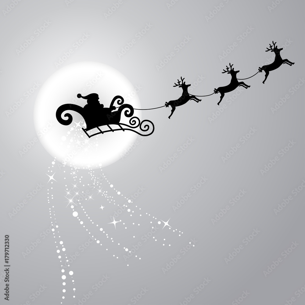 Black Silhouette. Santa Claus flying with reindeer sleigh Stock Vector ...