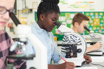 Wall Mural - group of pupils using microscopes in science class