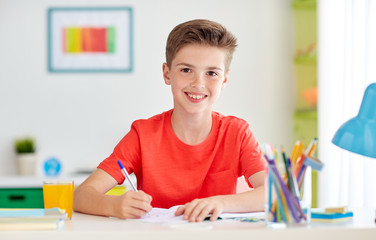 Poster - happy student boy writing to notebook at home