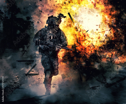 Dekoracja na wymiar  zolnierz-armii-w-akcji-wielka-eksplozja-z-klebami-ognia-i-dymu