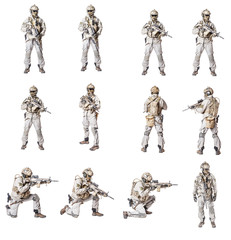 Sticker - Set of Army soldier in Protective Combat Uniform holding Special Operations Forces Combat Assault Rifle. Knee pads, chest rig, military boots. Studio shot, isolated on white background