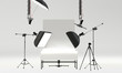 photo studio with professional pack shot table and lighting equipment. front view, 3D Rendering