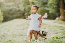 Hispanic Toddler Girl Two Years Old With Her Pug Dog Walking On The Grass In Summer Time In Sunset. Baby Looking At Camera
