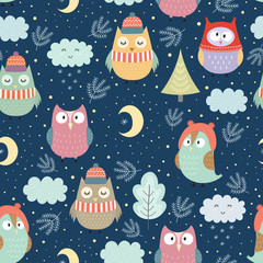 Wall Mural - Funny winter owls at night seamless pattern