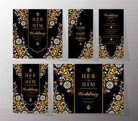 Sticker -  Wedding Invitation card templates with gold patterned and crystals on background color.