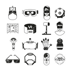 Poster - Symbols of virtual reality. Game panoramic in 3d rotation. Vr glasses and other tools. Vector monochrome illustrations