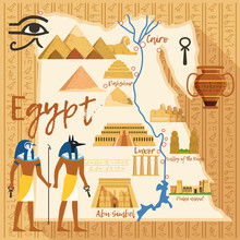 Stylized Map Of Egypt With Different Cultural Objects And Landmarks