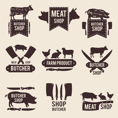Wall Mural - design of monochrome labels set for butcher shop with illustrations of domestic animals and kitchen 