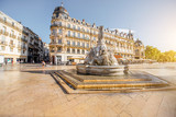 View on the Comedy square with fountain of Three Graces during the morning light in Montpellier city in southern France