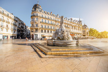 View On The Comedy Square With Fountain Of Three Graces During The Morning Light In Montpellier City In Southern France