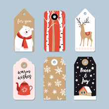 Vintage Christmas Gift Tags Set. Hand Drawn Labels With Birch Trees, Deer, Polar Bear And Tea Pot. Isolated Vector Illustration Objects.