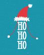 Funny Christmas illustration with Santa hat and laugh - ho ho ho. Hand lettering on blue background.