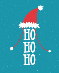 Wall Mural - Funny Christmas illustration with Santa hat and laugh - ho ho ho. Hand lettering on blue background.