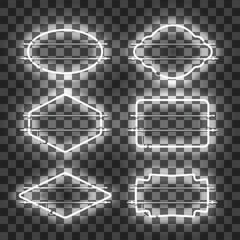 Wall Mural - set of realistic glowing white neon frames isolated on transparent background. shining and glowing n