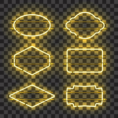 Wall Mural - set of realistic glowing yellow neon frames isolated on transparent background. shining and glowing 