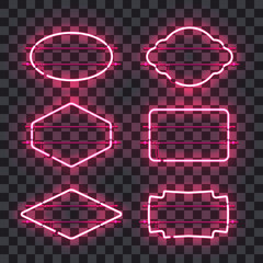 Wall Mural - set of realistic glowing purple neon frames isolated on transparent background. shining and glowing 