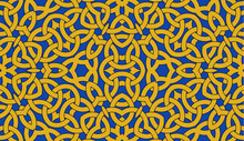 Seamless Pattern With Golden Celtic Knot Ornament On Blue, Background